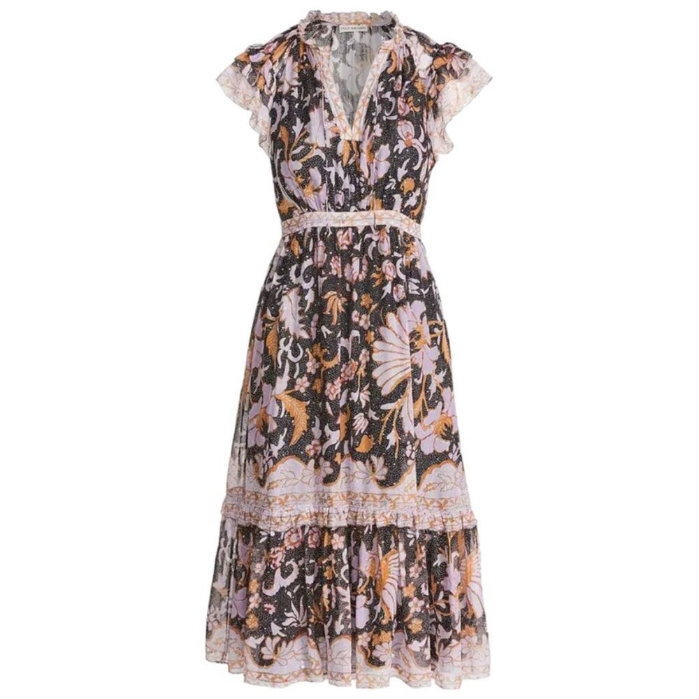 Ulla Johnson RARE Celestia‎ Ruffled Printed Midi Dress Midnight Size 0 Metallic - Picture 16 of 17